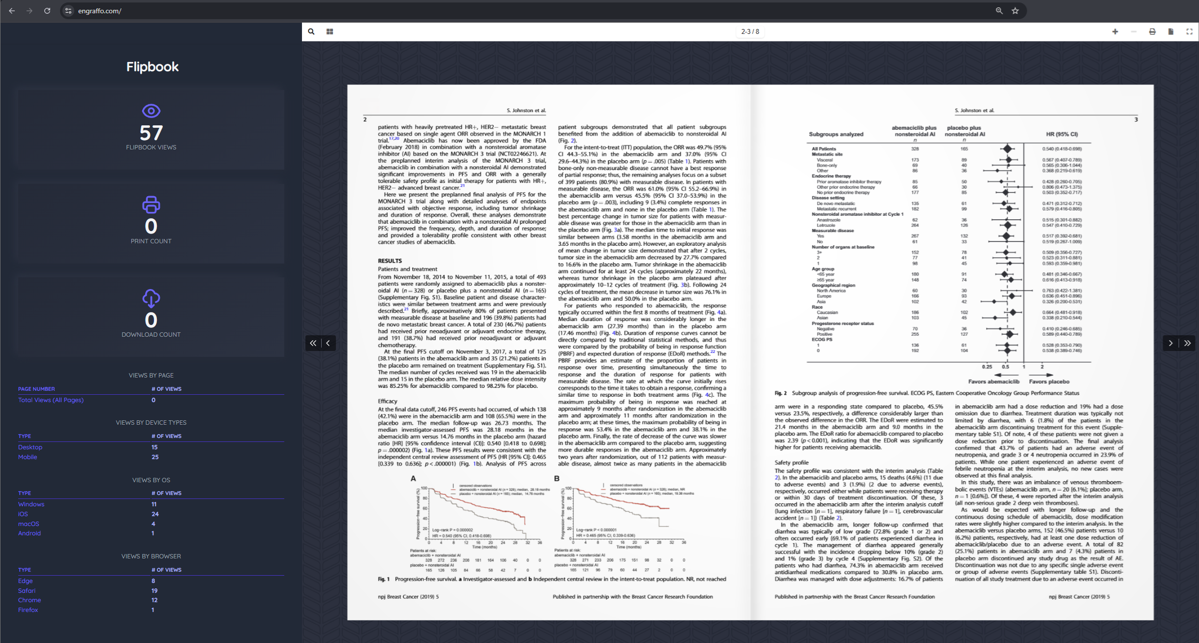 Engraffo flipbook article reader displaying a scientific publication with engagement information beside it