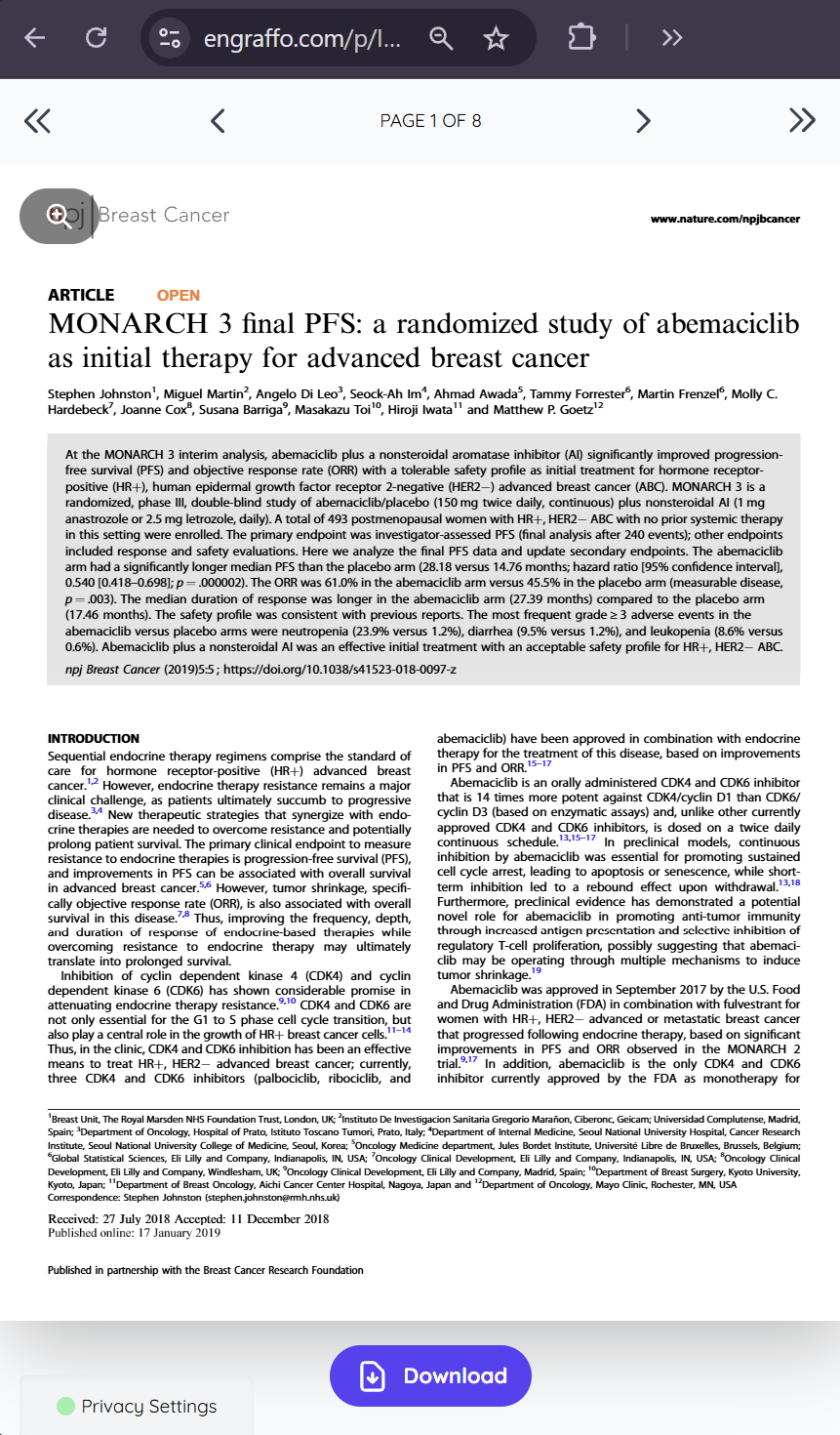 Engraffo mobile flipbook displaying the first page of a scientific publication