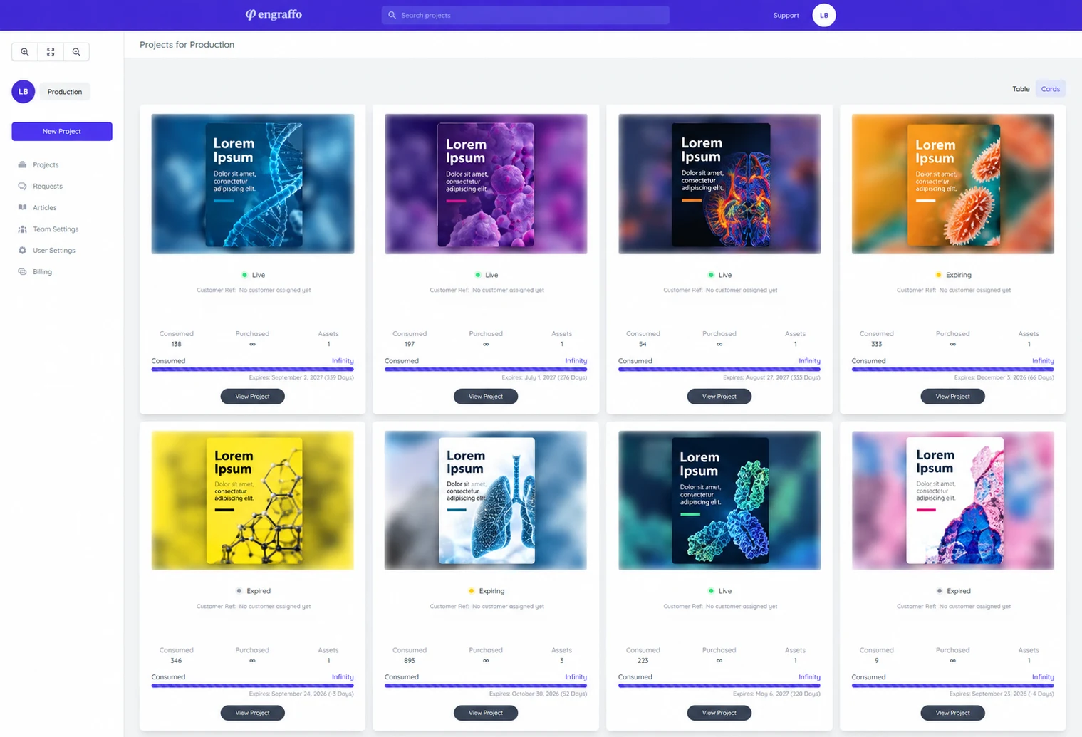 Engraffo publisher dashboard showing scientific content projects, their cover art, and project status